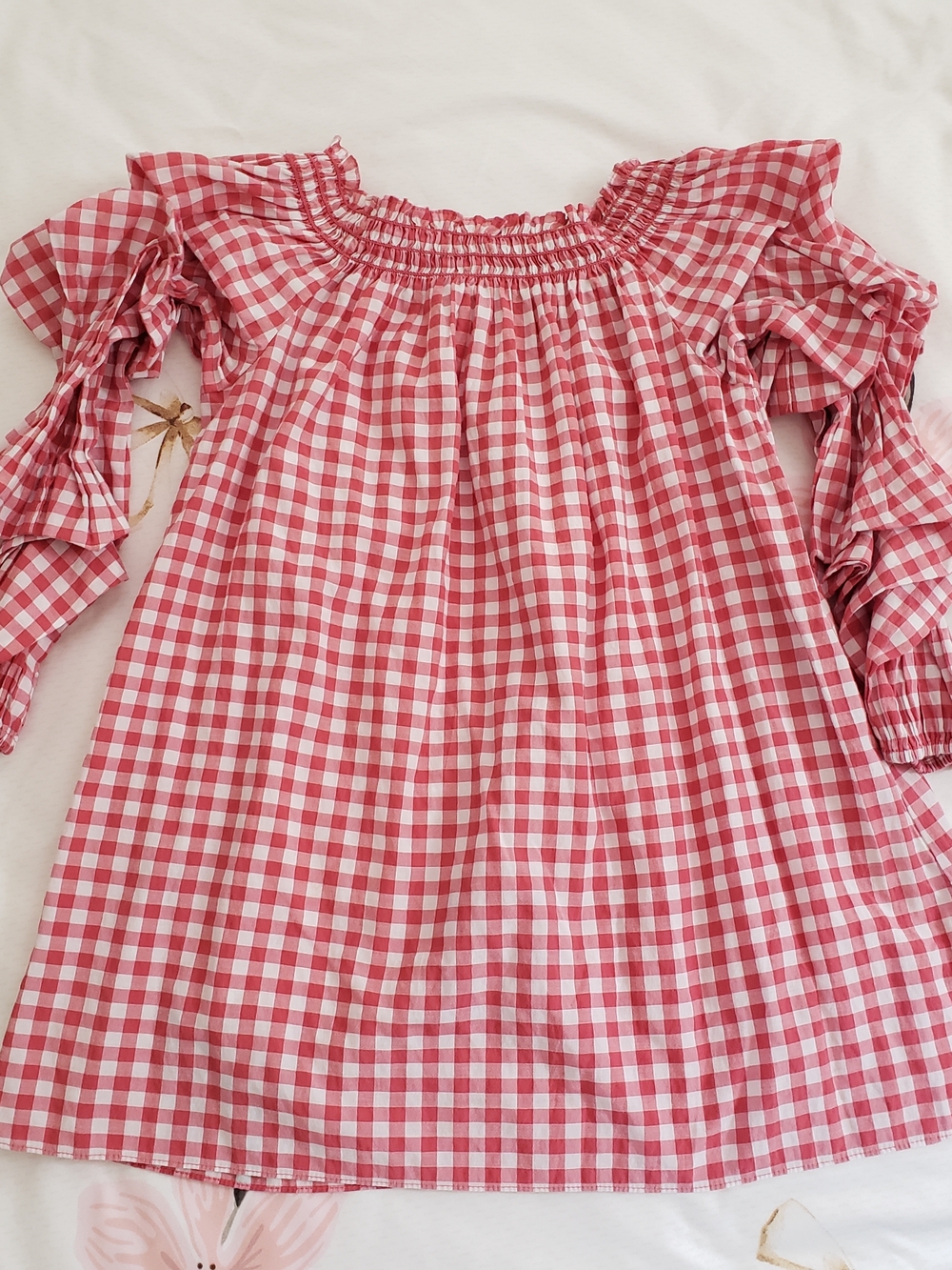 Max Studio Red and White Gingham Off-Shoulder Blouse